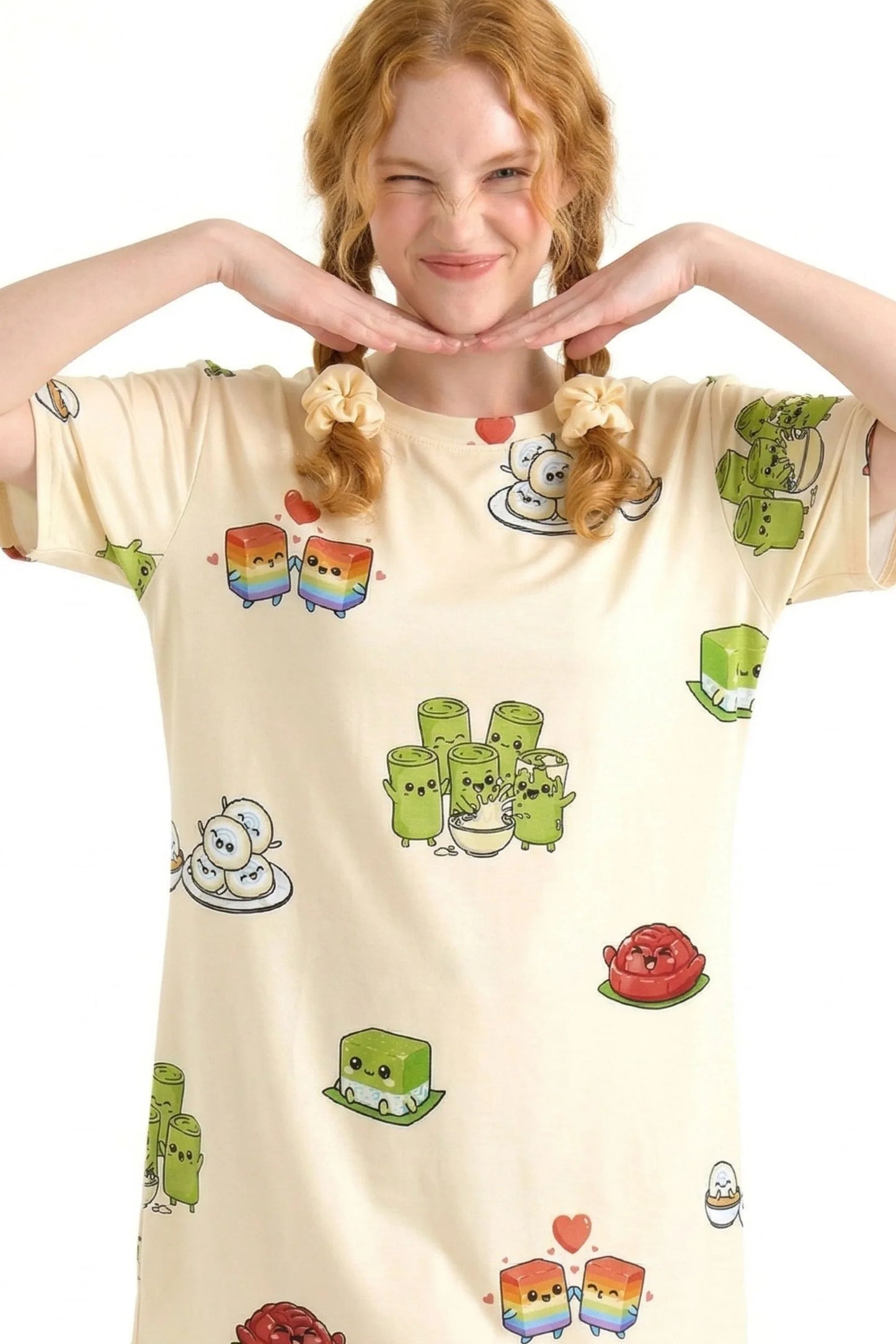 Close-up of Kueh-zy Medley petite bamboo sleep tee showing kawaii kueh lapis ondeh ondeh and ang ku kueh characters