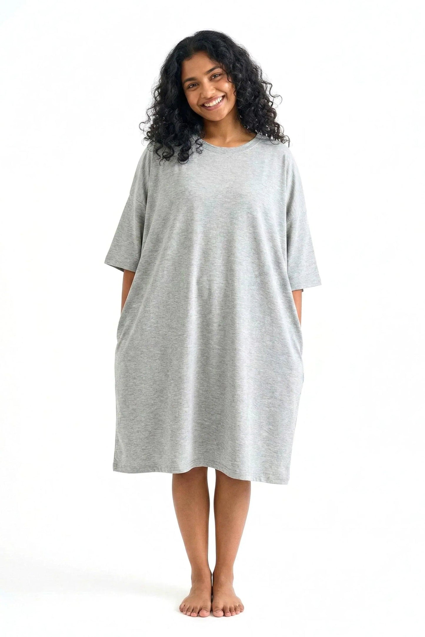 Woman wearing graybamboo sleepwear from MySleepTee on a white background