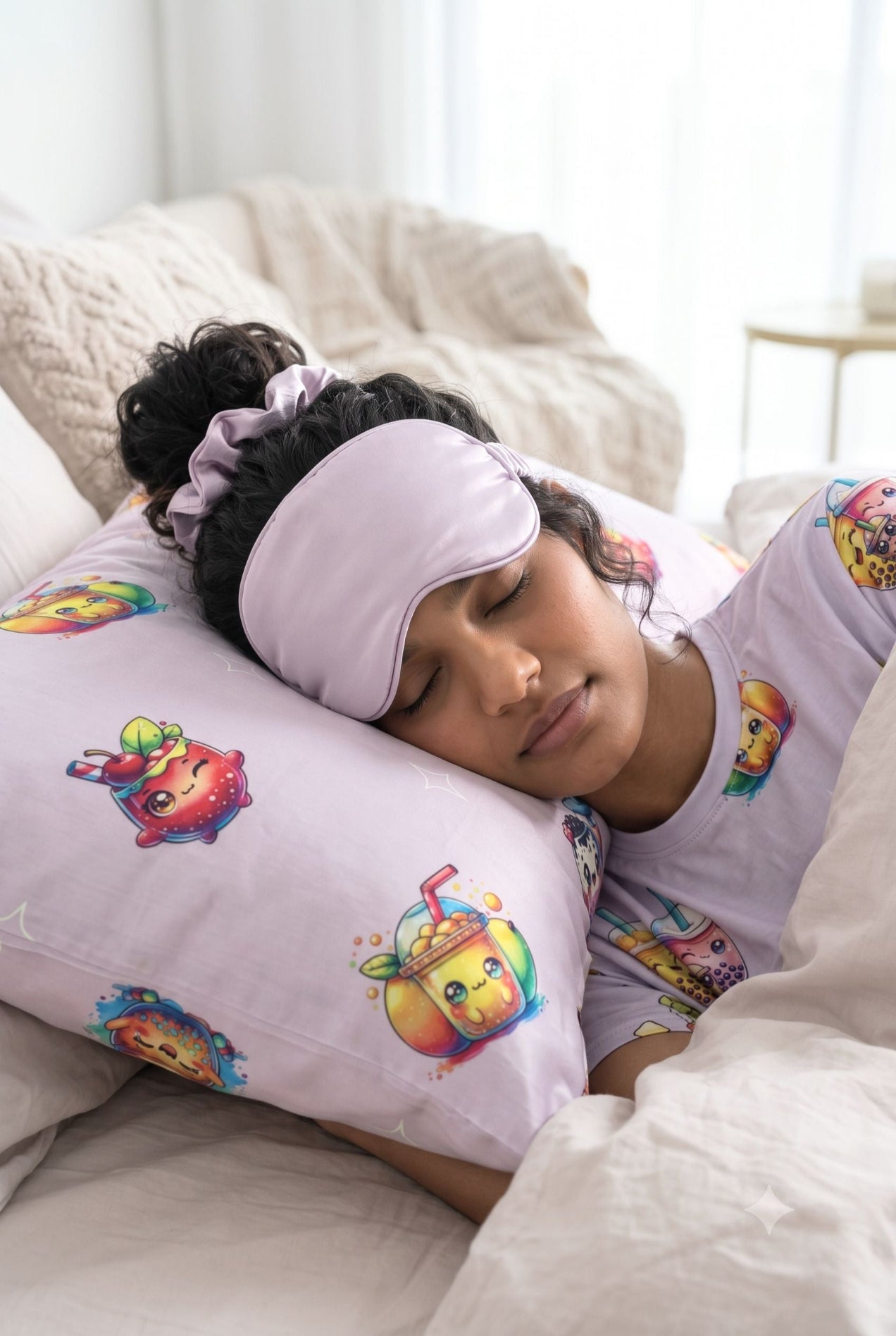 Woman resting her head on a The Bubble Tee bamboo pillowcase wearing a matching lilac sleep mask