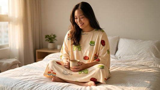 Woman in MySleepTee Kueh-zy Medley bamboo sleep tee holding coffee mug on bed in soft morning light