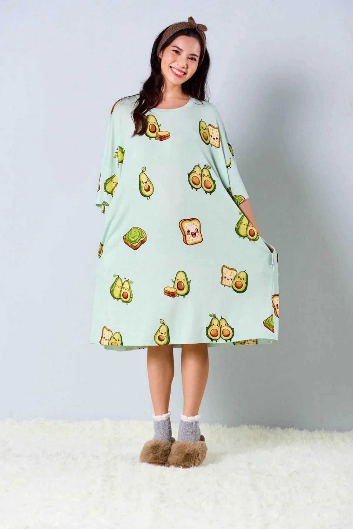 Woman wearing Avocado themed oversized bamboo sleepwear from MySleepTee