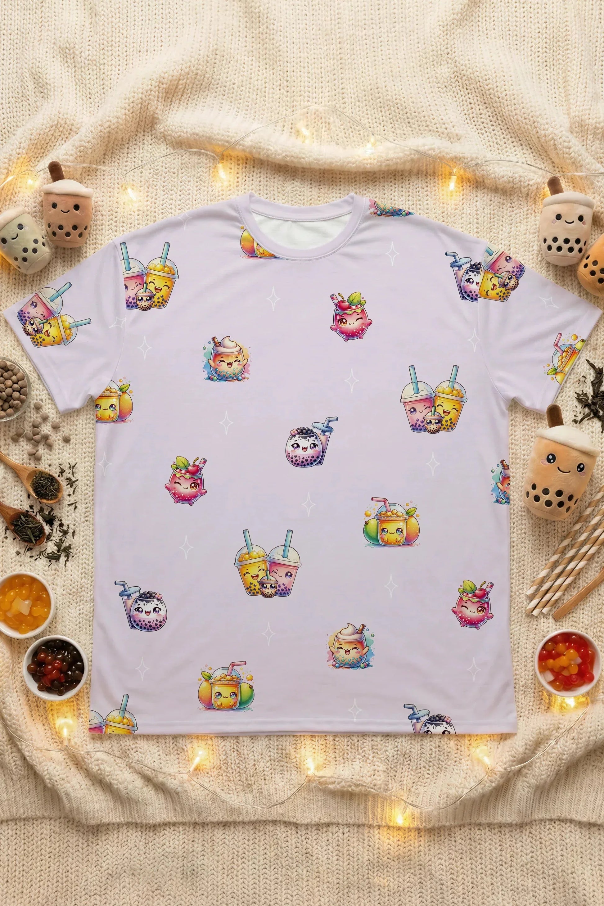 Flat lay photography of a bamboo sleep tee surrounded by bubble tea ingredients like pearls, straws, and milk tea. Close up of the vibrant boba characters on this Singapore sleepwear.