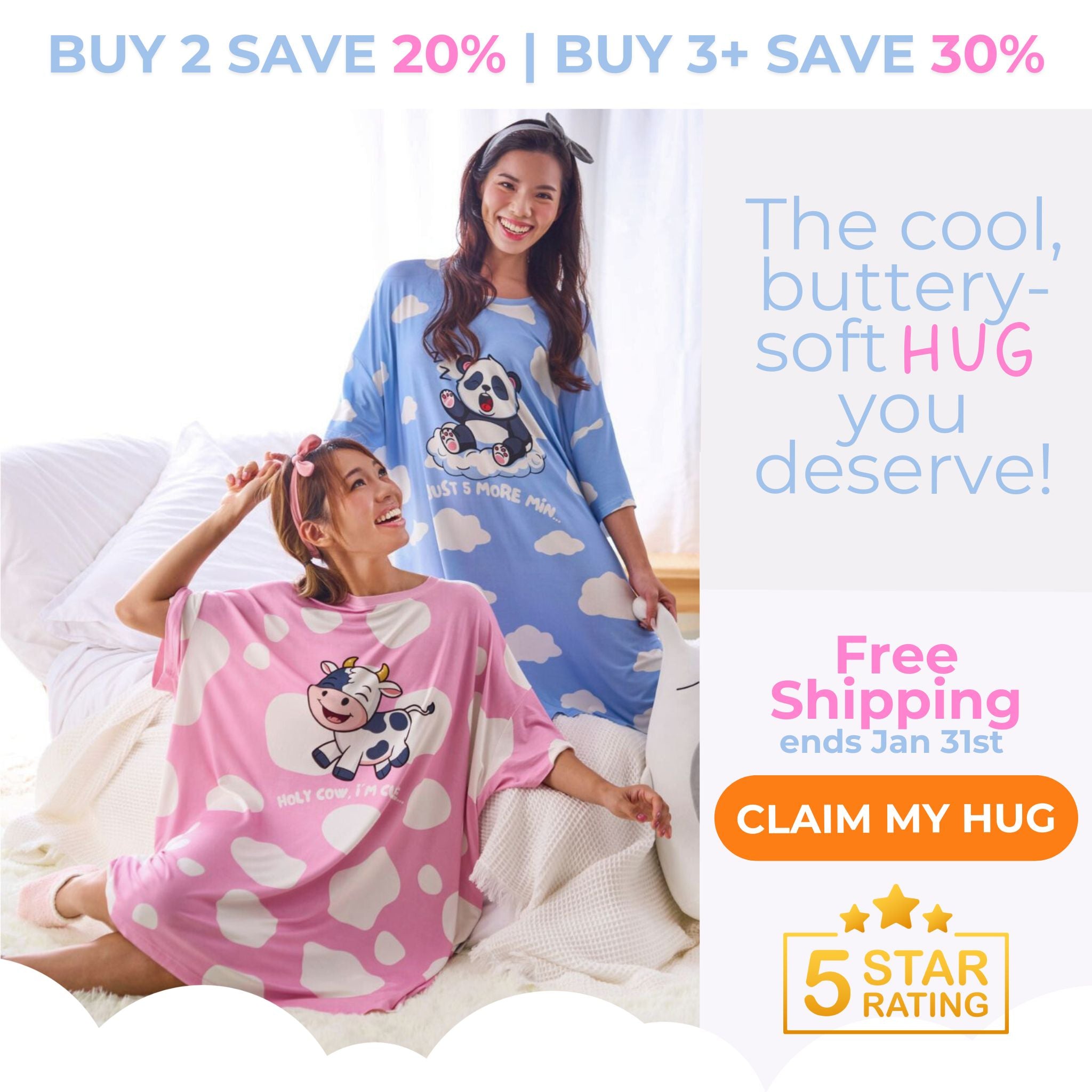 Two girls wearing cartoon-themed bamboo sleepwear with promotional text and graphics.