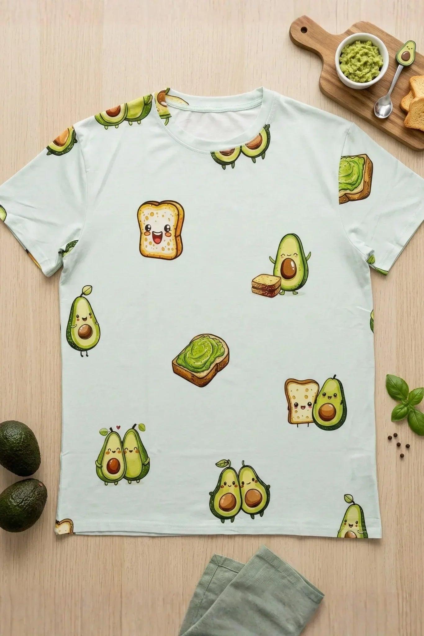 Flat lay of the hypoallergenic Avo-Good Night pajama shirt, displaying the cute avocado and toast pattern alongside fresh ingredients on a wooden surface.