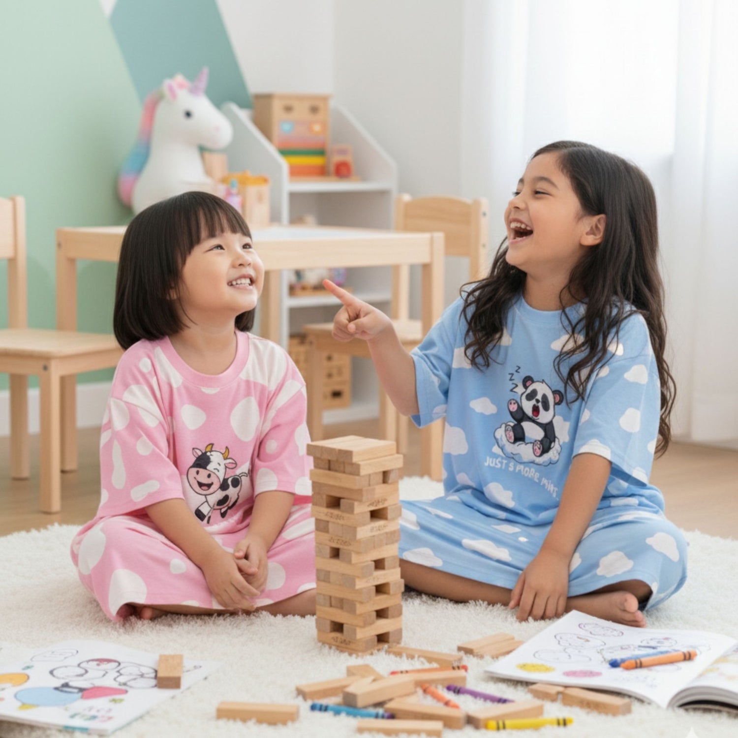 Two children playing with wooden blocks on a carpeted floor.
