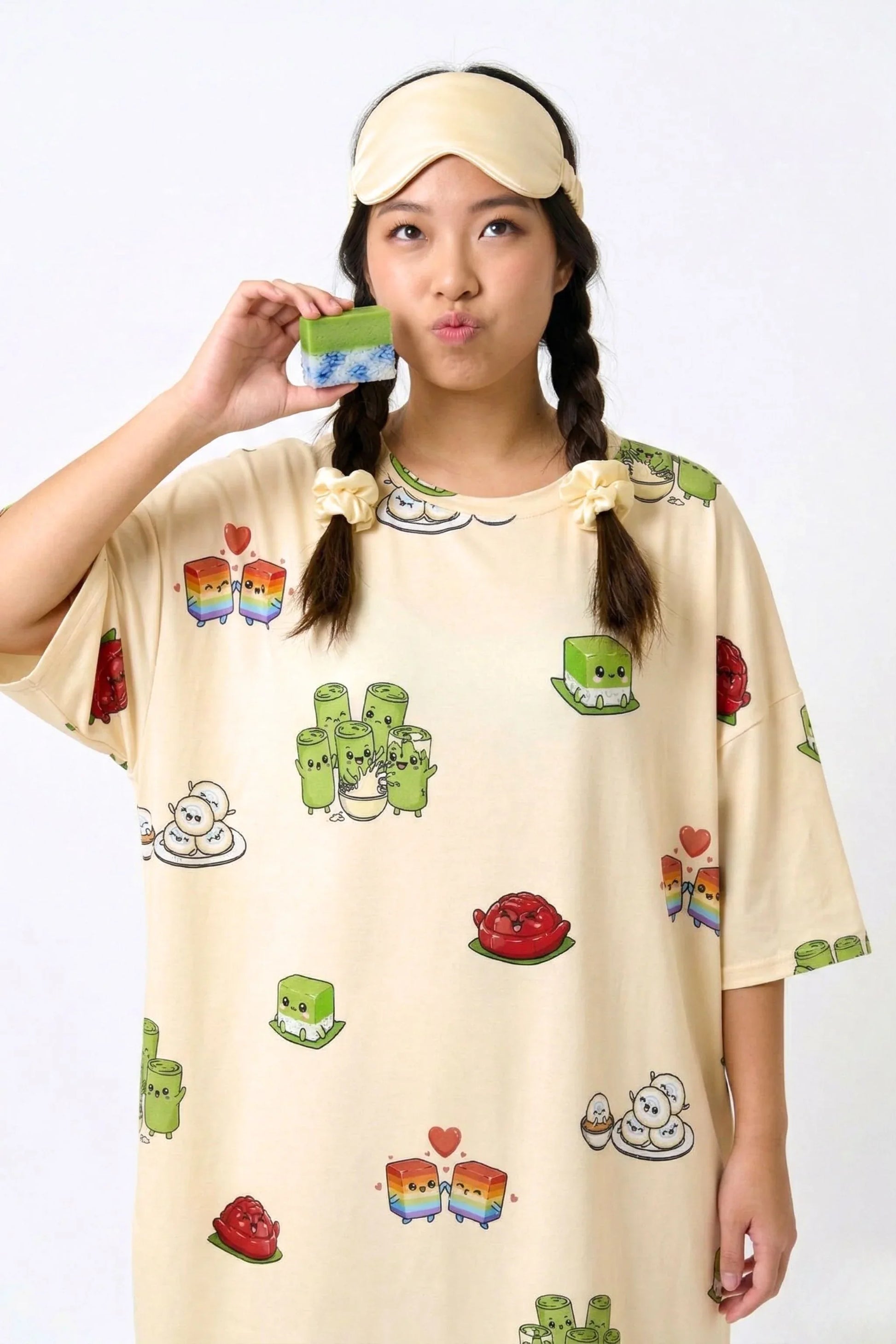 Close-up of Kueh-zy Medley bamboo sleep tee kawaii kueh print detail with real kueh salat