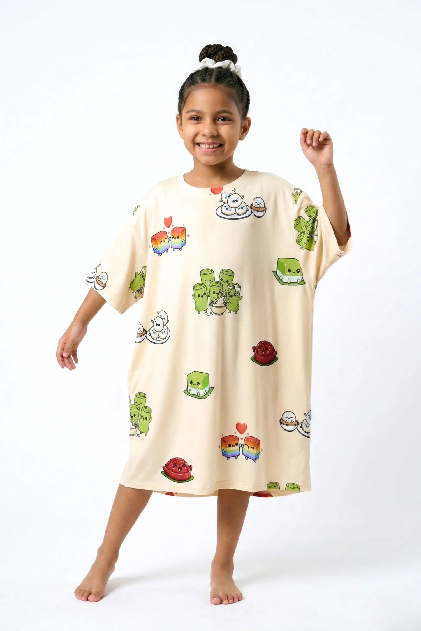 Child dancing in Kueh-zy Medley kids oversized bamboo sleep tee showing comfortable free movement