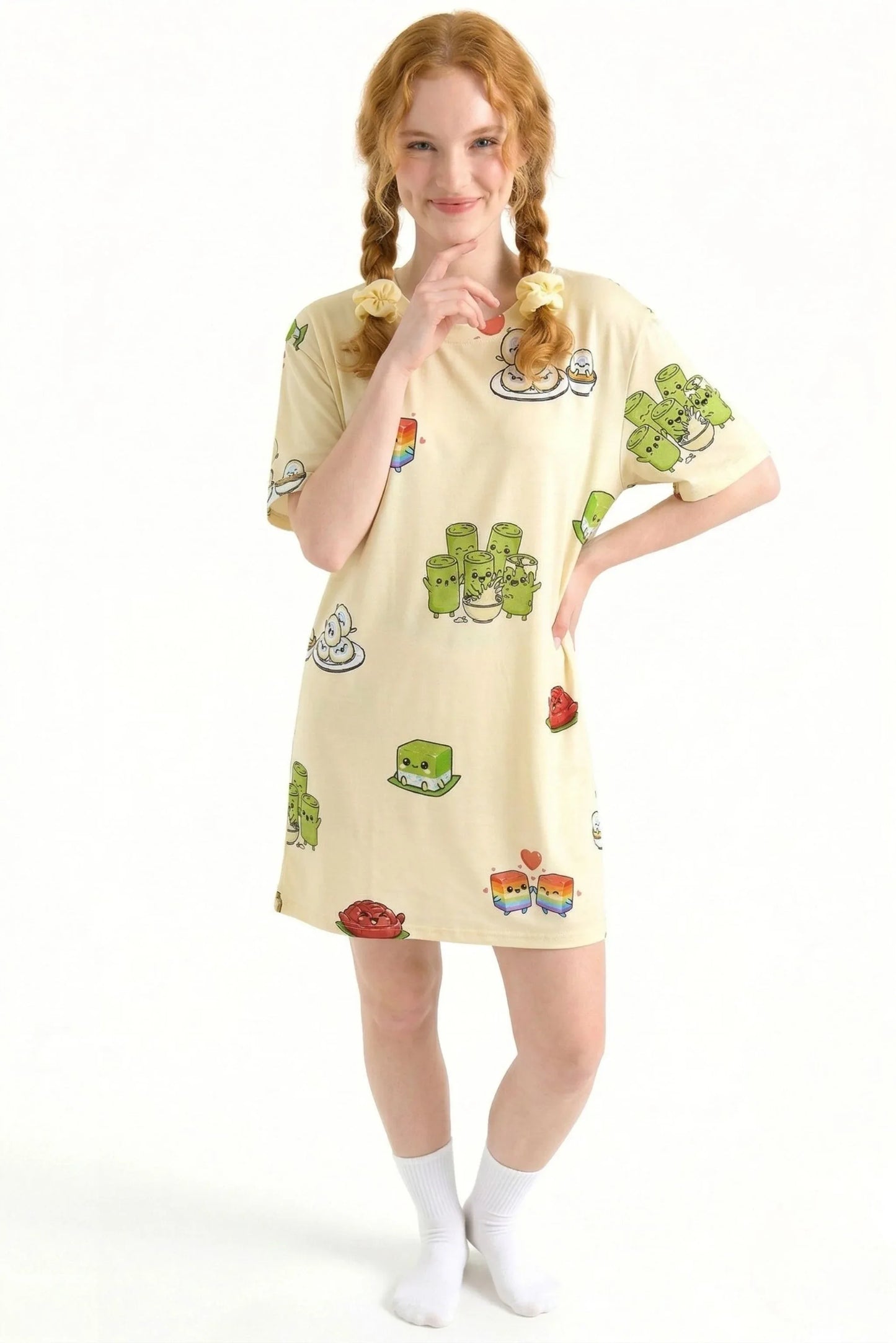 Full body view of Kueh-zy Medley petite bamboo sleep tee showing shorter snug fit with kueh character print