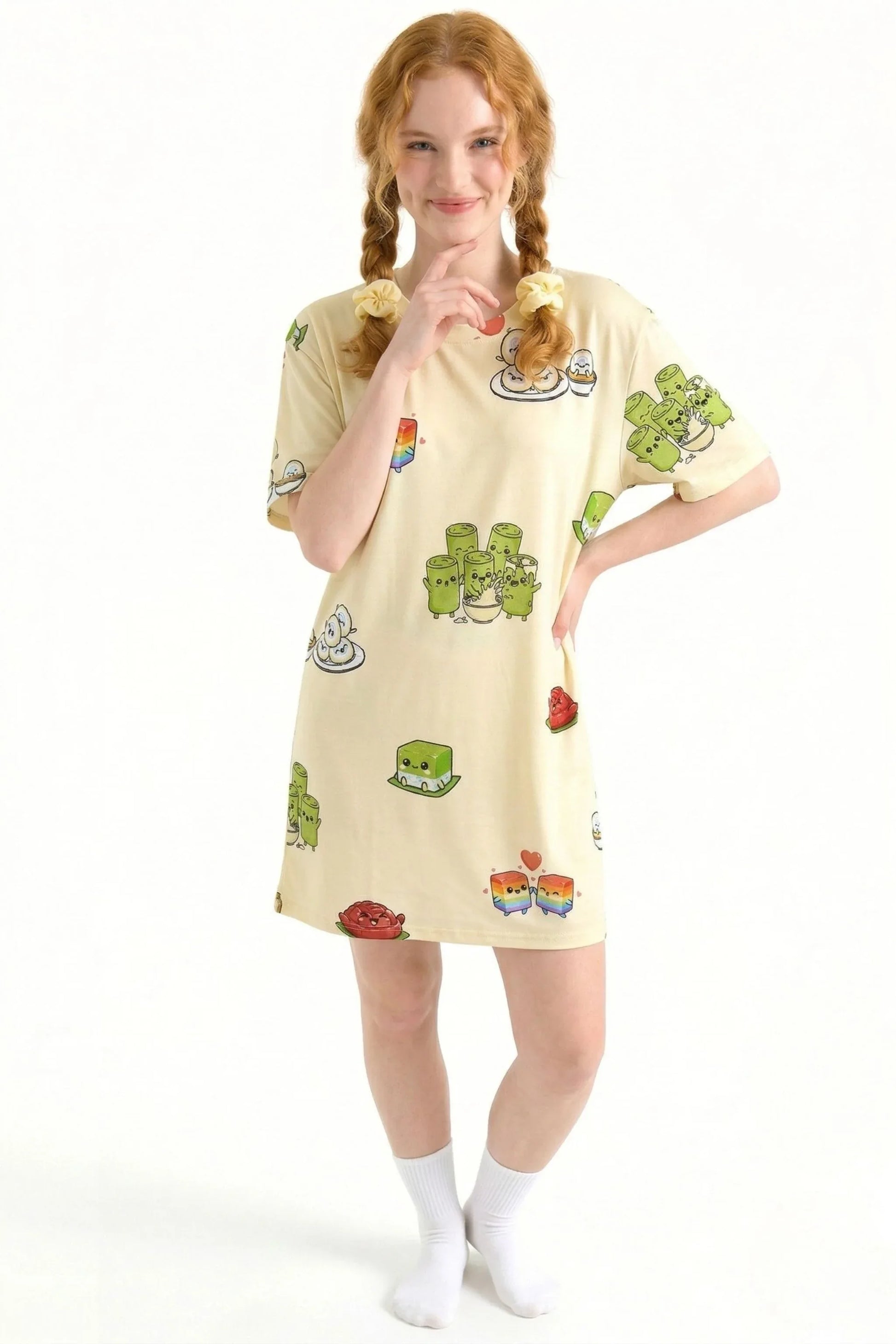 Full body view of Kueh-zy Medley petite bamboo sleep tee showing shorter snug fit with kueh character print