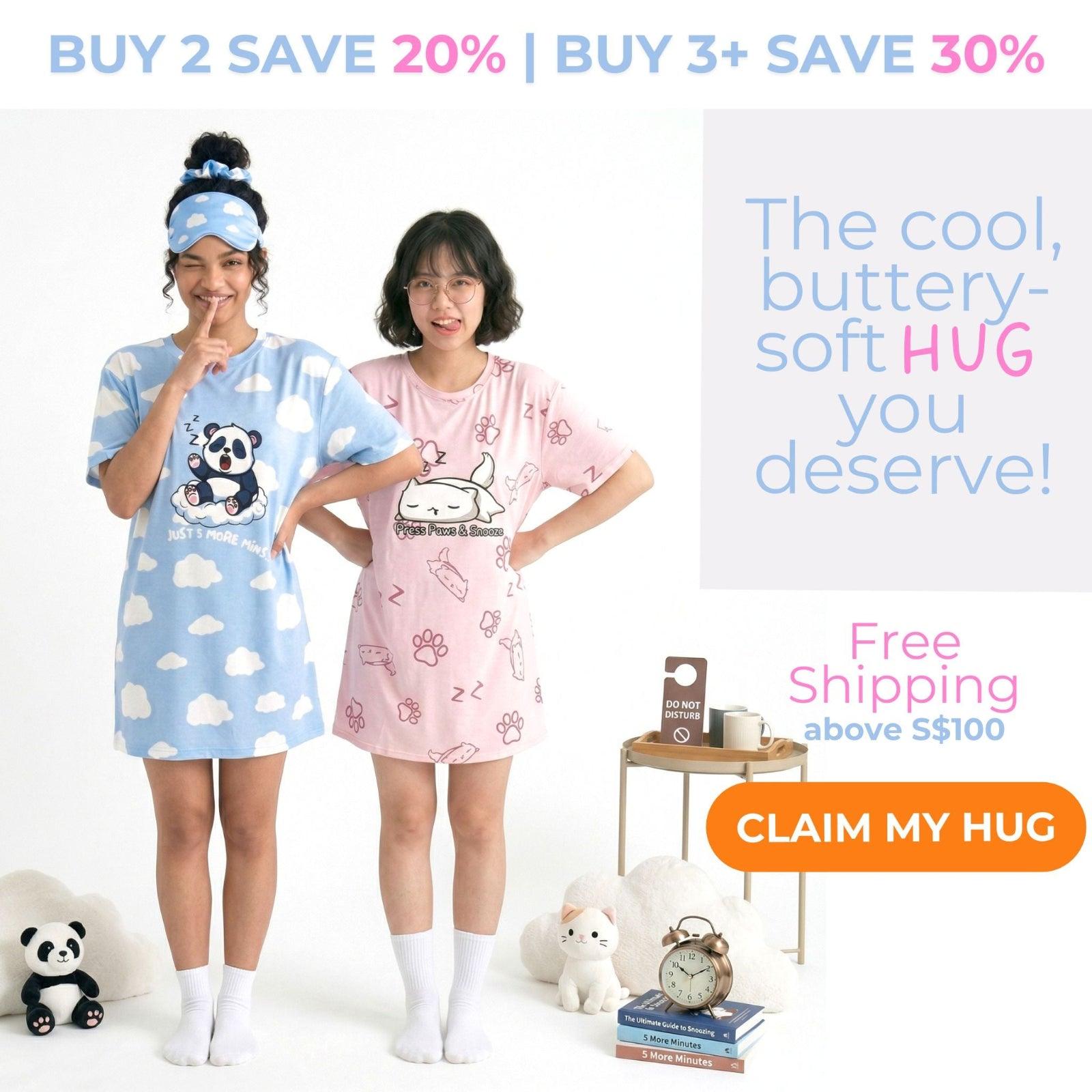 Two young woman wearing sleep tees made from bamboo with promotional text and graphics on a white background