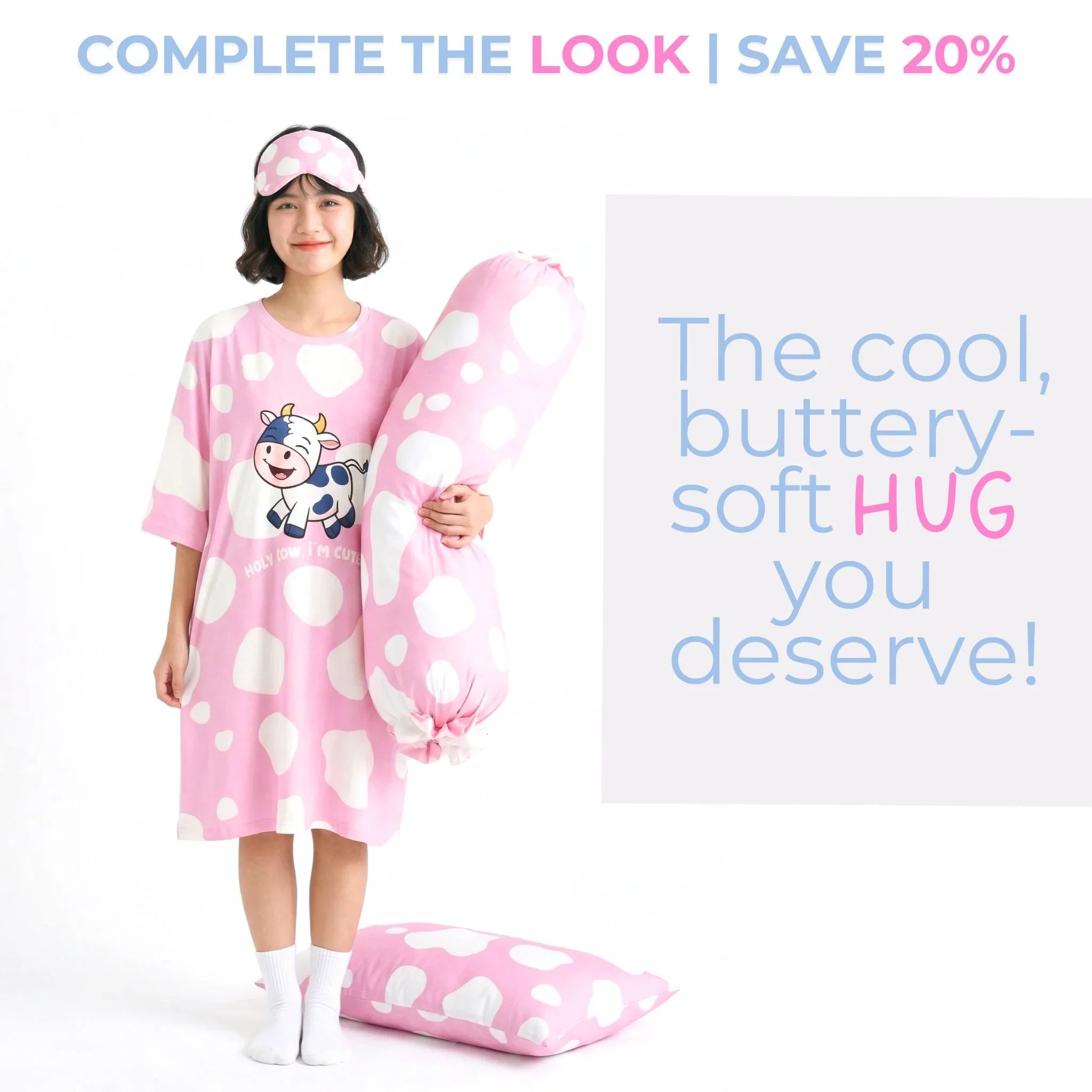 Person wearing a pink oversized bamboo sleep tee with a cute cow design, holding a matching pillow with text promoting a discount.