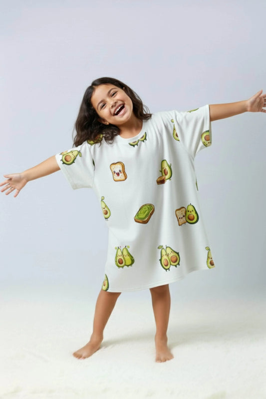 A young girl posing playfully in an oversized bamboo sleep tee by MySleepTee, designed for fun and comfort.