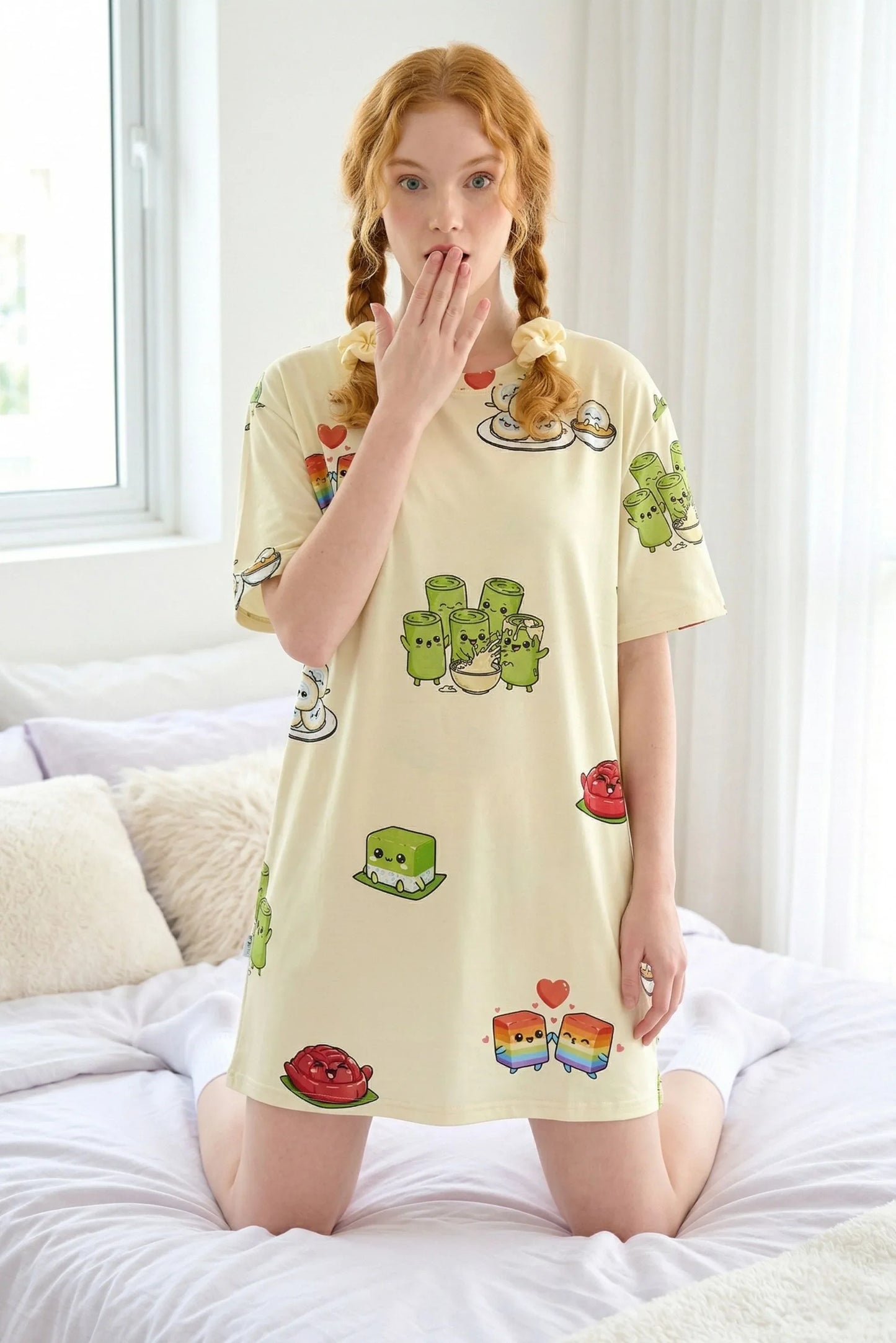 Woman wearing Kueh-zy Medley petite bamboo sleep tee with kawaii kueh print in cozy bedroom setting