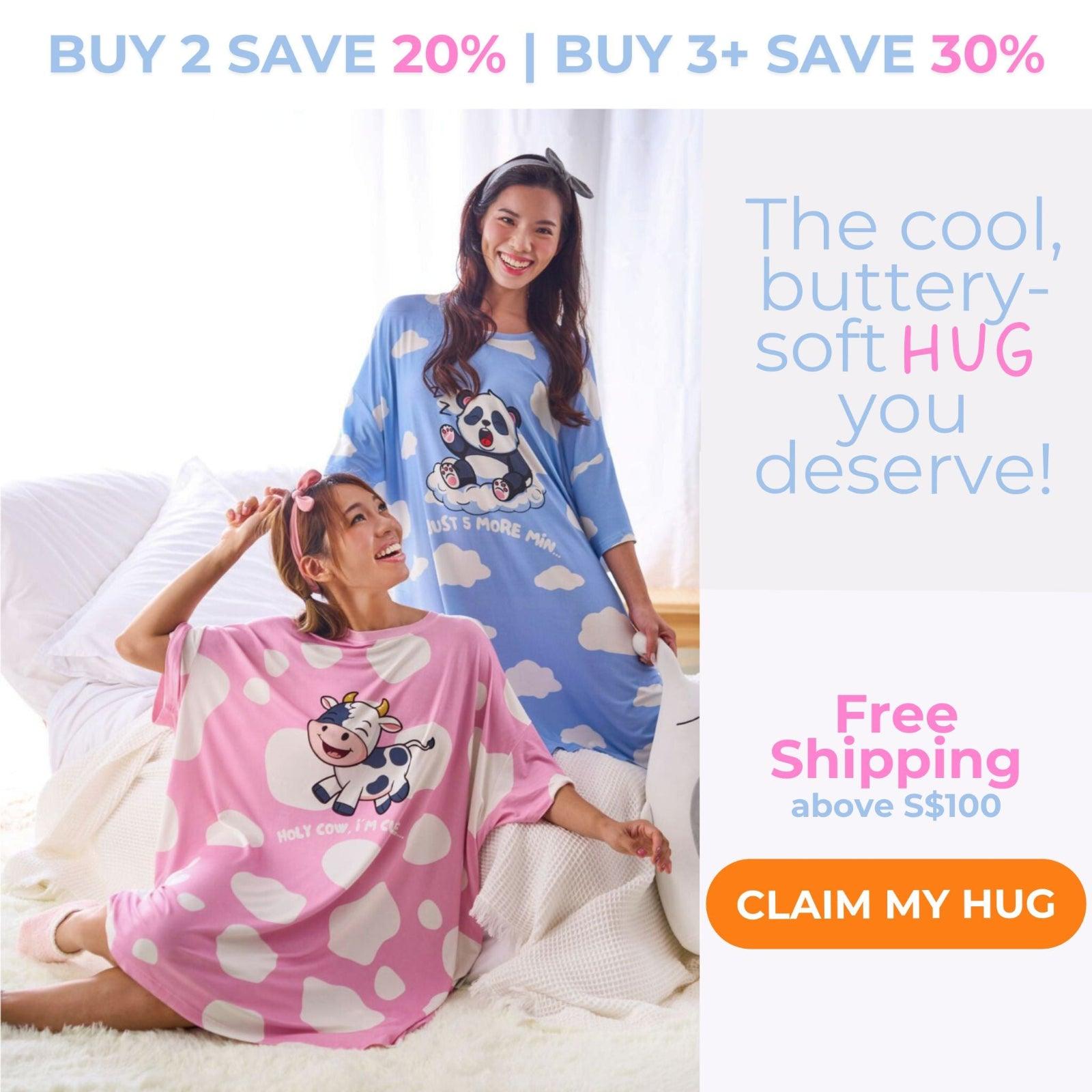 Two women wearing colorful oversized bamboo sleep tees with promotional text on a white background