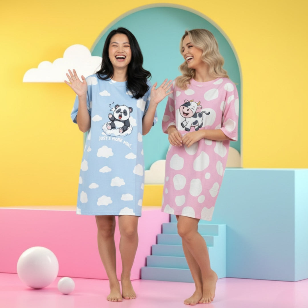 Two women wearing colorful bamboo sleep tees from MySleepTee with cartoon designs against a bright, pastel-colored background.