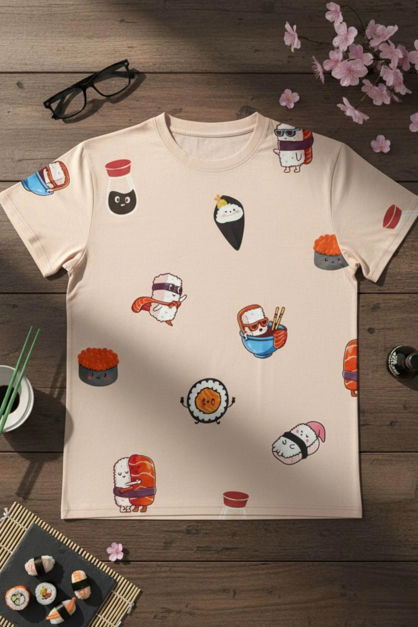 Beige t-shirt with cartoon sushi design on a wooden surface with cherry blossoms.
