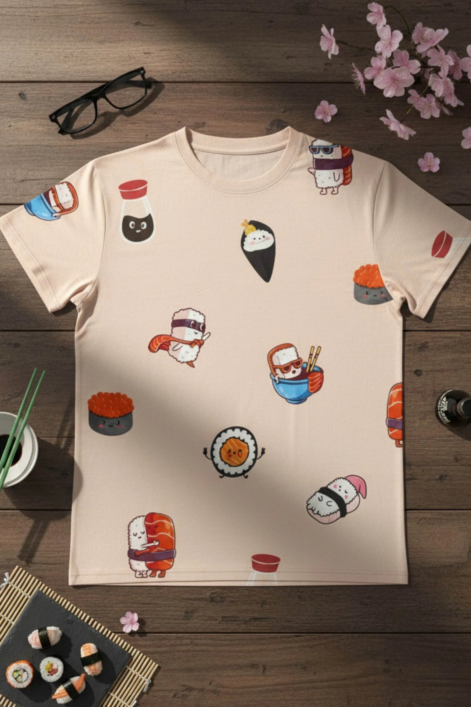 Beige t-shirt with cartoon sushi design on a wooden surface with cherry blossoms.