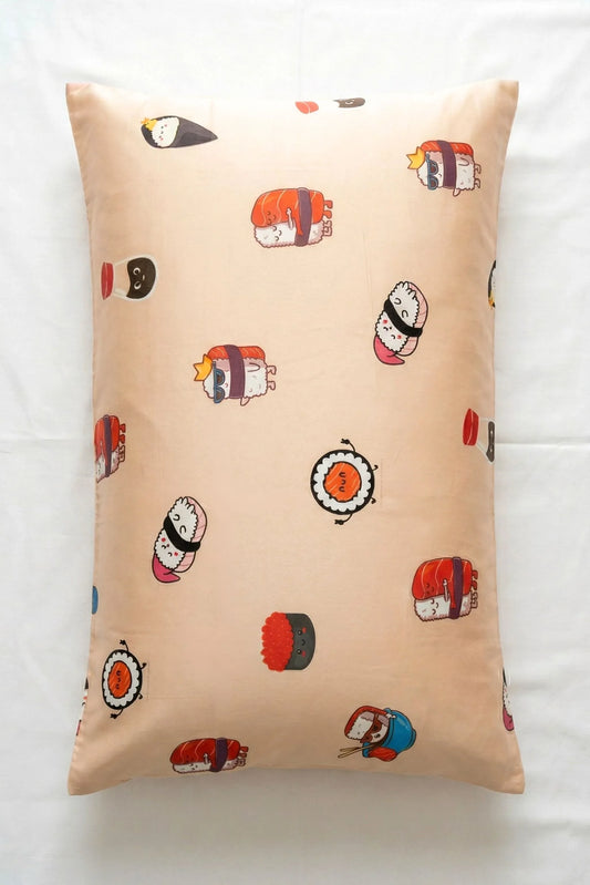 Salmon pink bamboo pillow case with kawaii sushi character print on white background