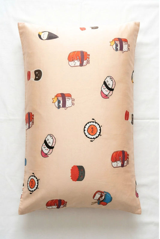 Salmon pink bamboo pillow case with kawaii sushi character print on white background