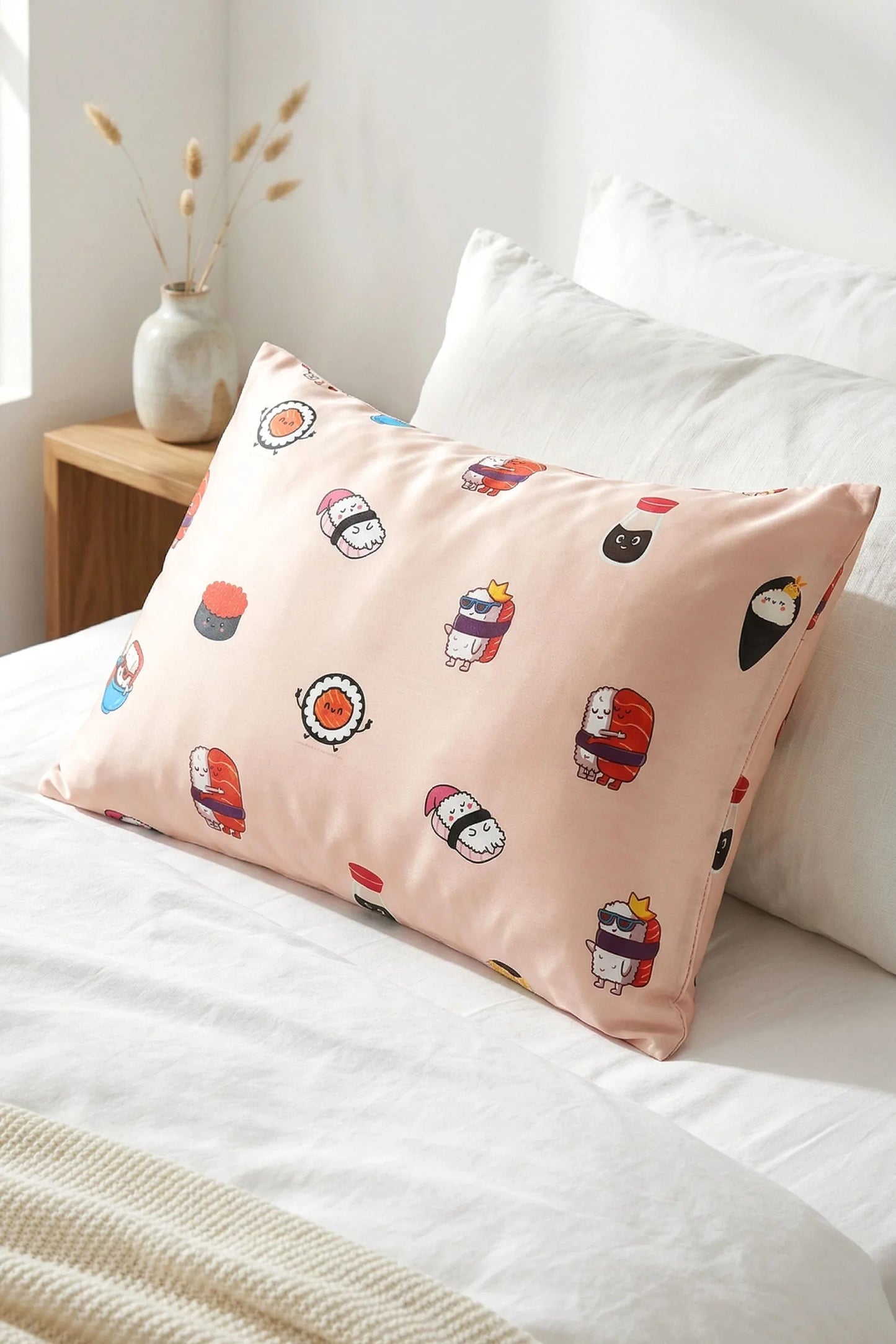 Soy Cozy sushi print bamboo pillow case styled on white bed sheets in cozy bedroom setting