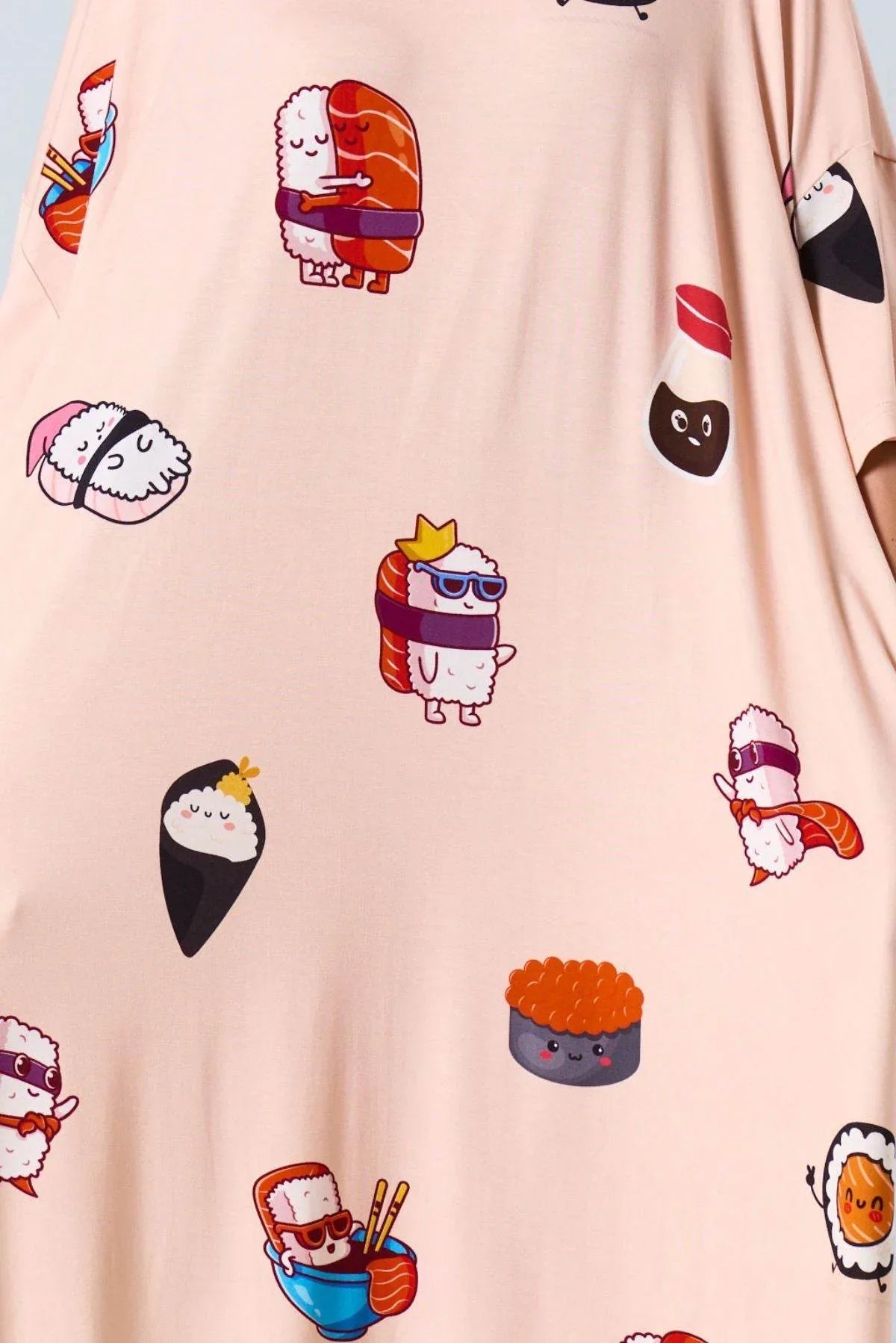 Oversized bamboo sleep tee with cartoon sushi character pattern