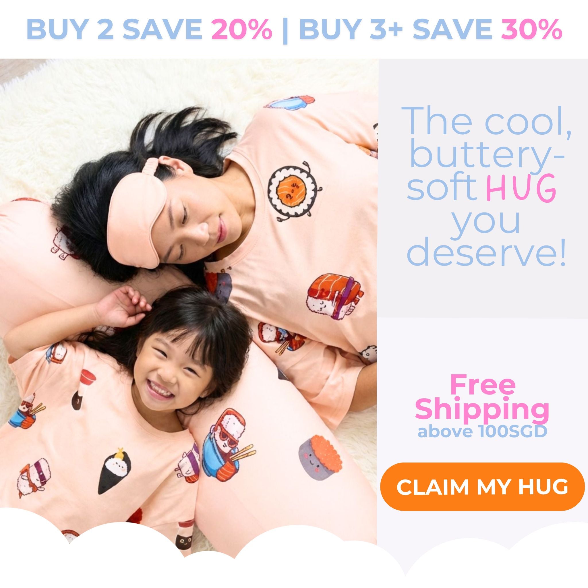 A mother and daughter twinning in matching peach-colored Bamboo Sleep Tees with a cute sushi character print. The image highlights a 'Buy 2 Save 20%, Buy 3 Save 30%' promotion for MySleepTee, featuring buttery-soft, breathable lounge wear.