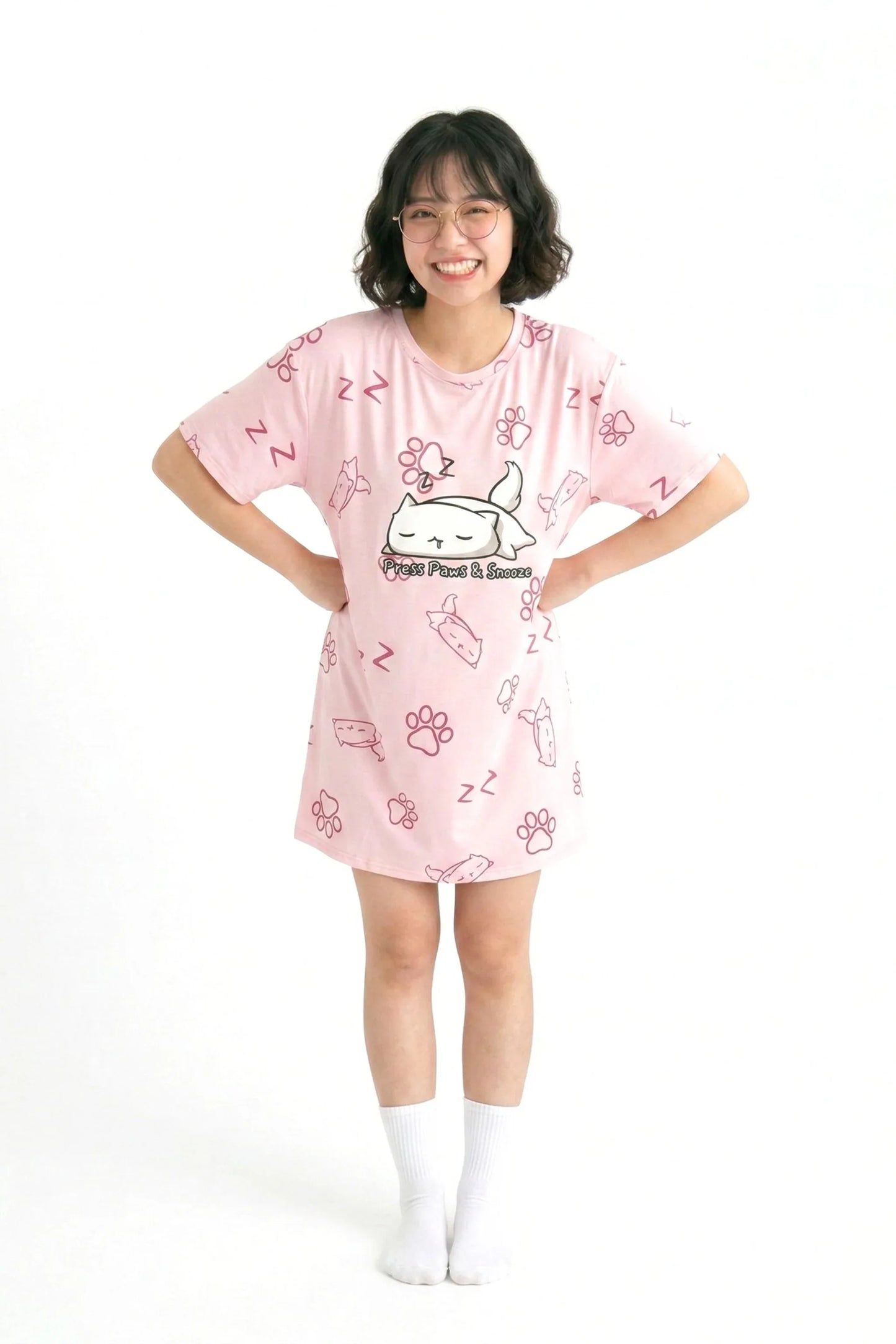 Front view of a petite-sized pink bamboo sleep shirt from MySleepTee, highlighting the relaxed drop-shoulder fit and breathable fabric for small-framed women.