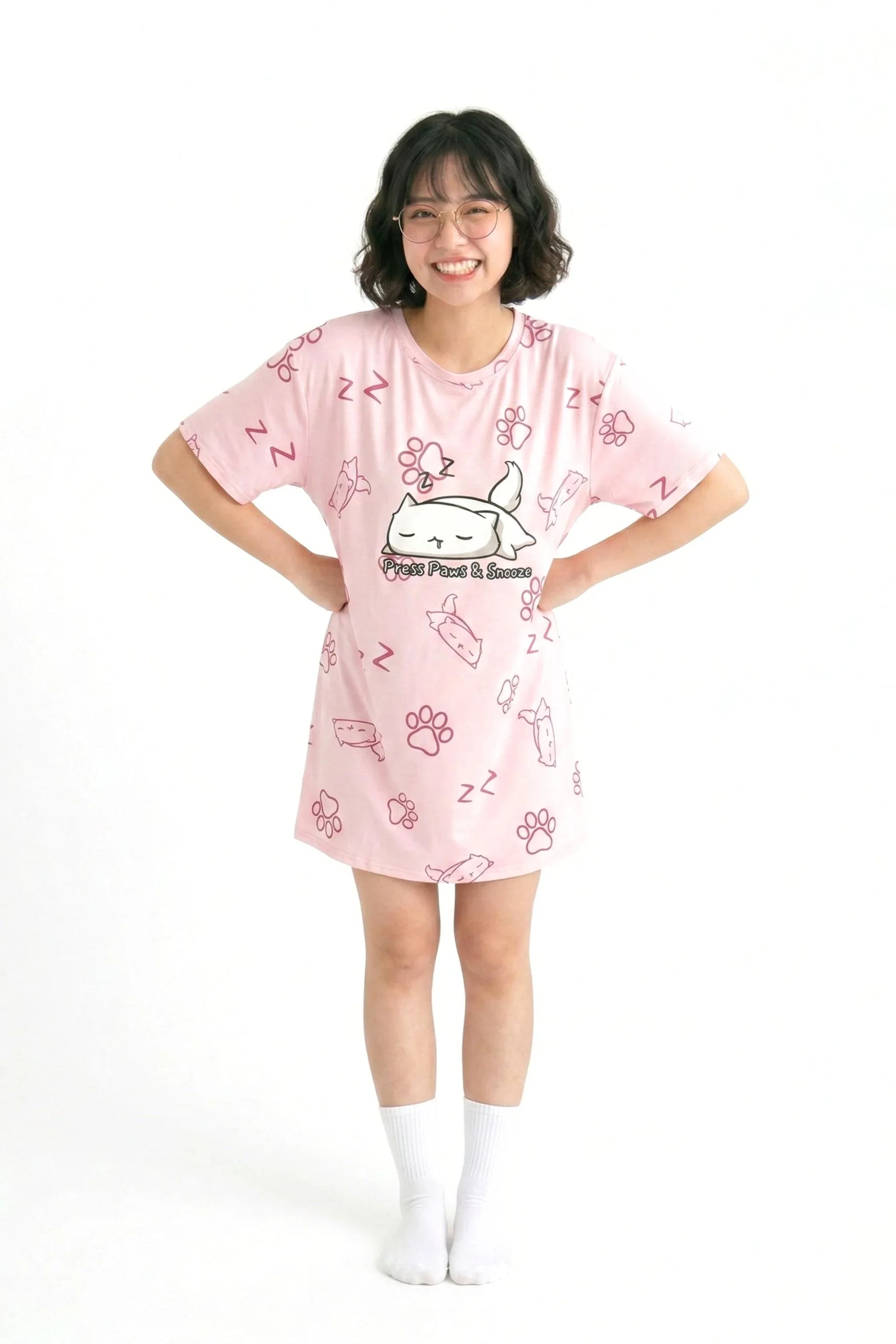 Front view of a petite-sized pink bamboo sleep shirt from MySleepTee, highlighting the relaxed drop-shoulder fit and breathable fabric for small-framed women.
