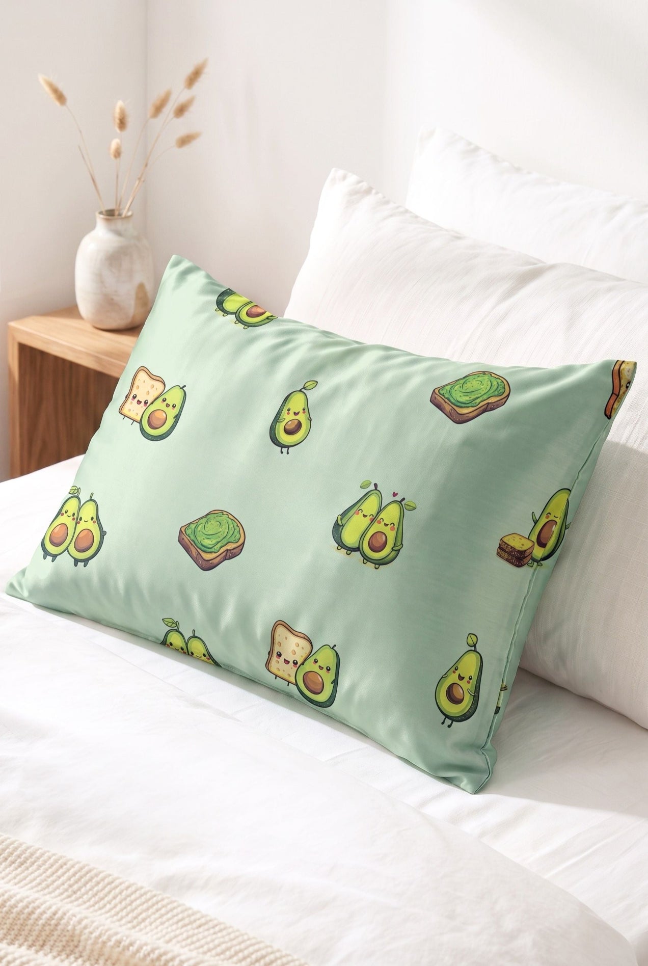 Avo-Good Night bamboo pillowcase in mint avocado toast print styled on a bed with white bedding
