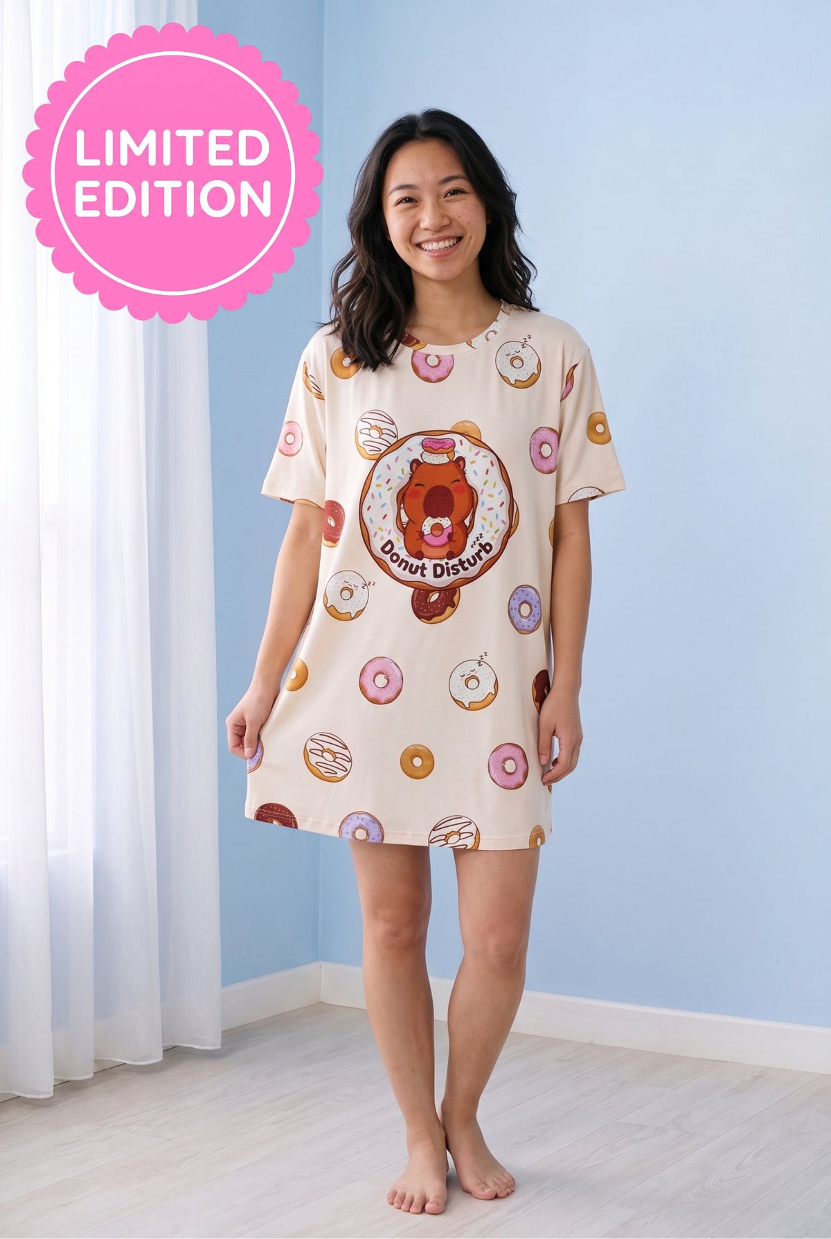 Front view of the Donut Disturb Petite bamboo sleep tee, a shorter sleeker cut falling mid-thigh on a 160cm model.