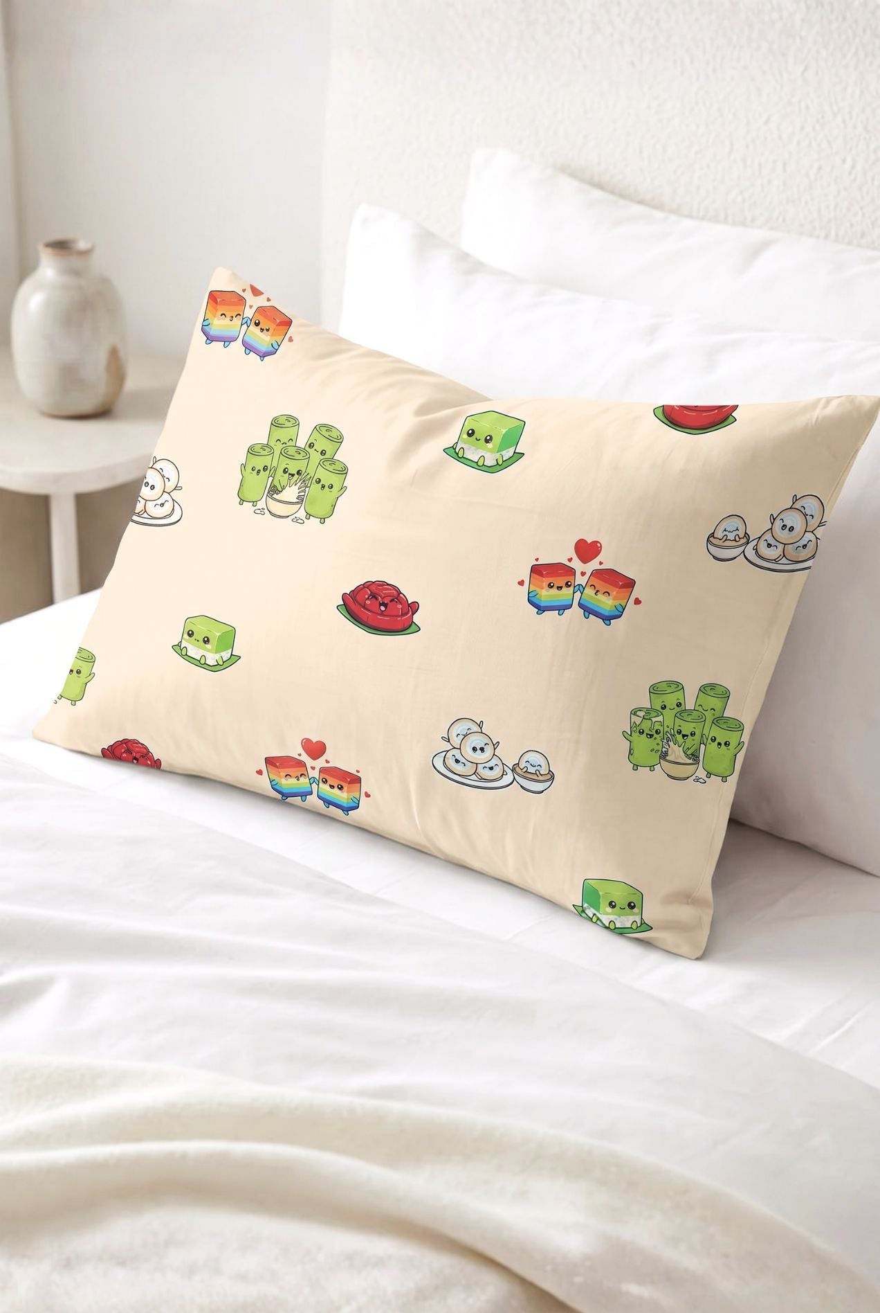 Kueh-zy Medley bamboo pillowcase in cream kueh print styled on a bed with white bedding