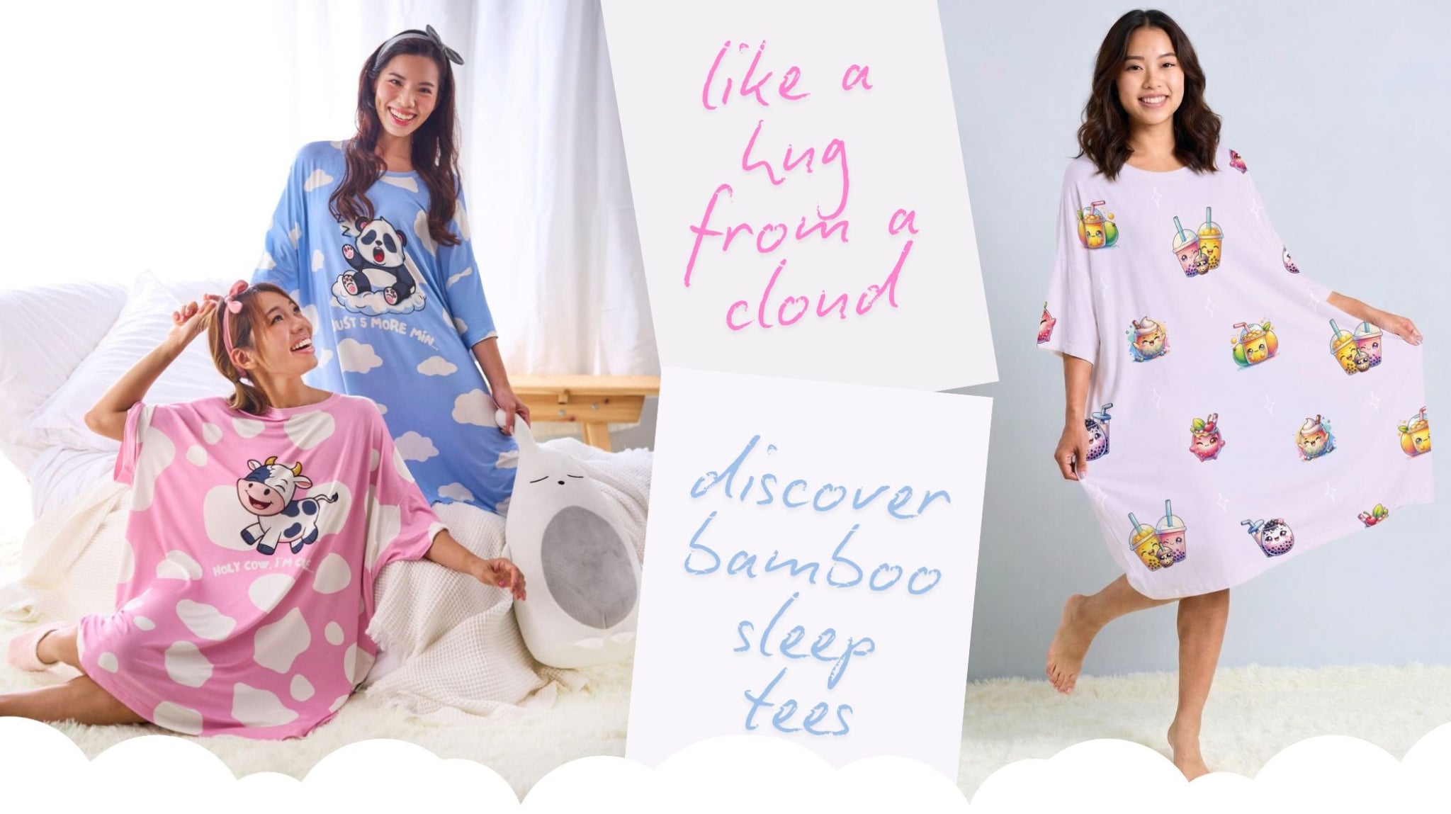 Three women wearing colorful bamboo sleep tees with cartoon designs, promotional text overlay.