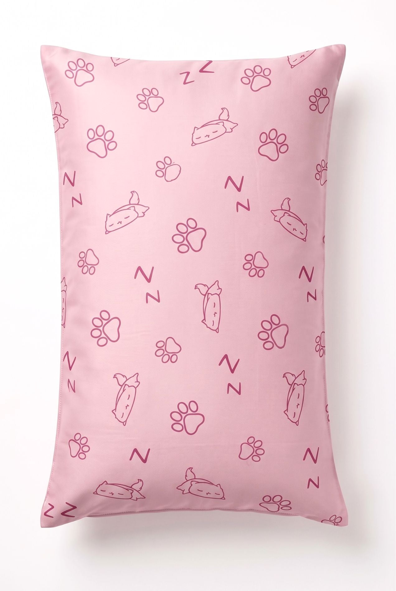 Paws & Snooze bamboo pillowcase in pink cat and paw print, flat lay on white