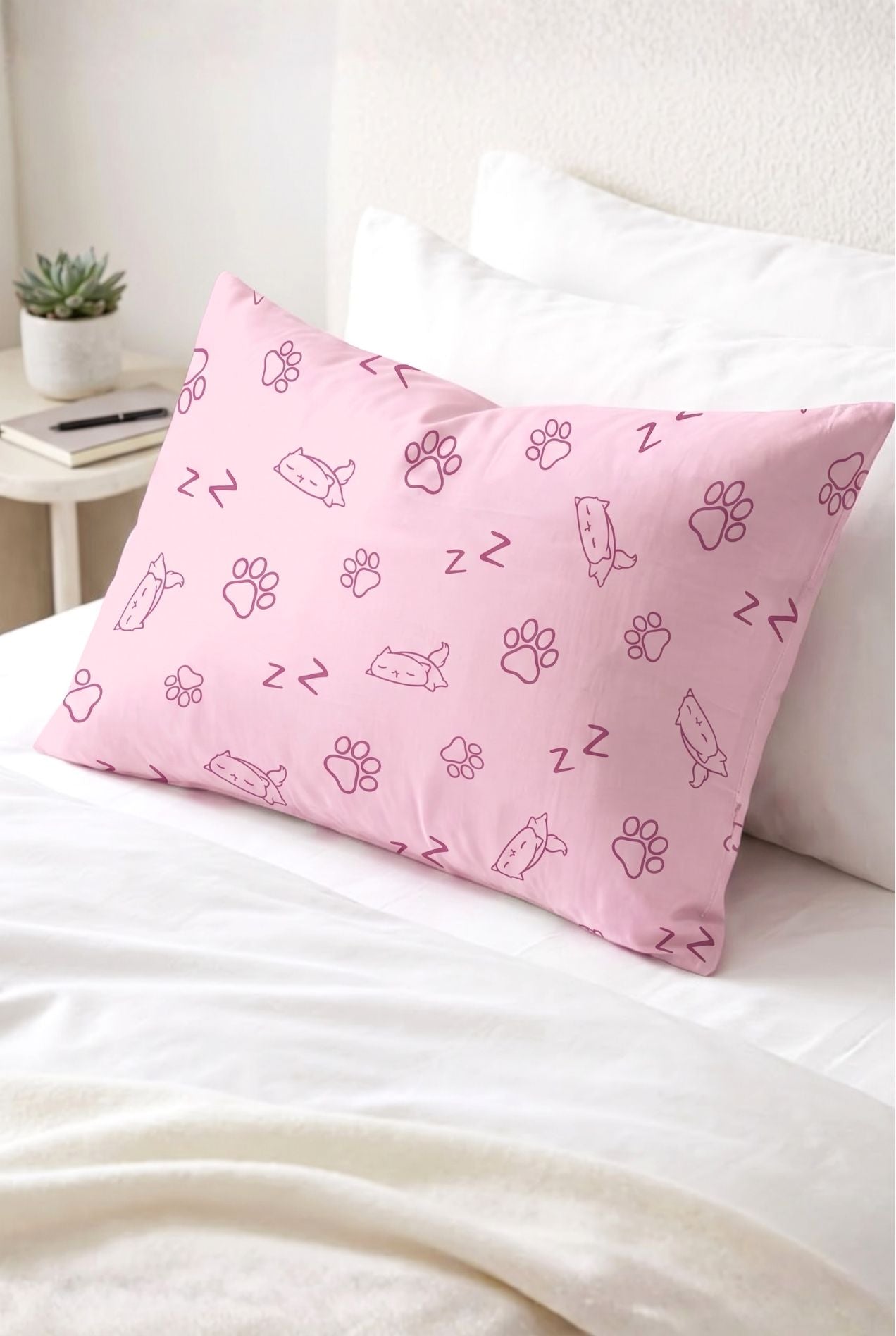 Paws & Snooze bamboo pillowcase in pink cat and paw print styled on a bed with white bedding
