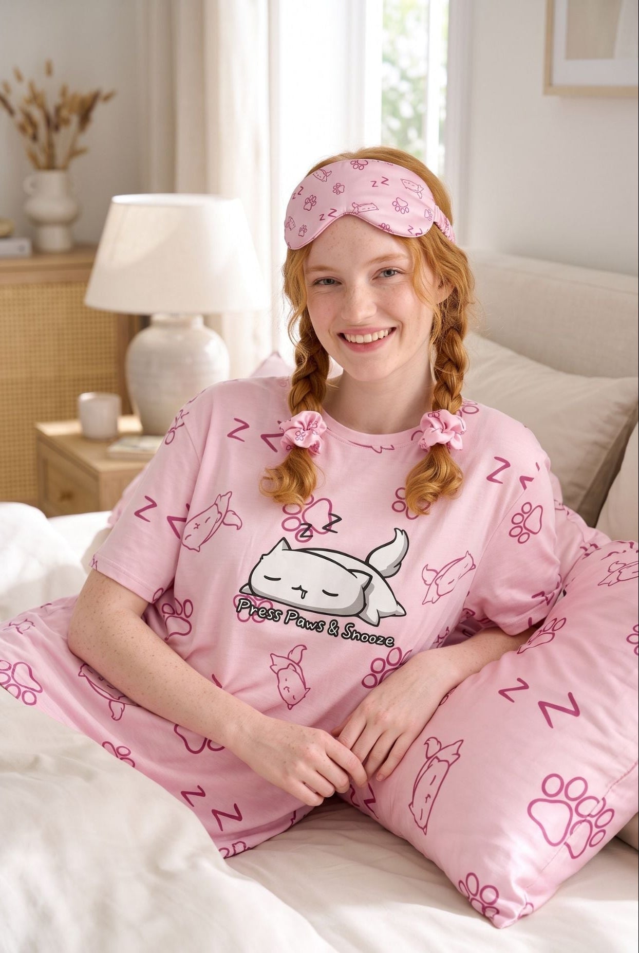 Woman in Paws & Snooze pink cat-print sleep tee and sleep mask relaxing on a matching pillow on a bed