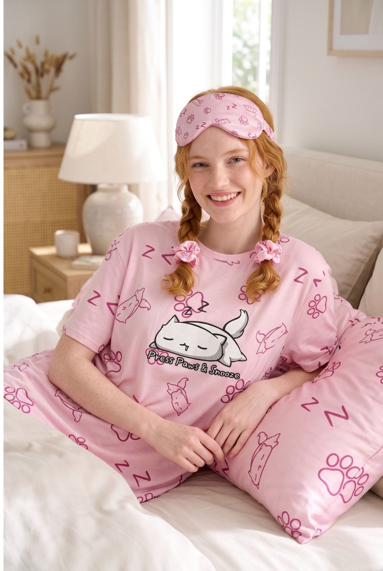 Woman in Paws & Snooze pink cat-print sleep tee and matching bamboo sleep mask resting on a bed