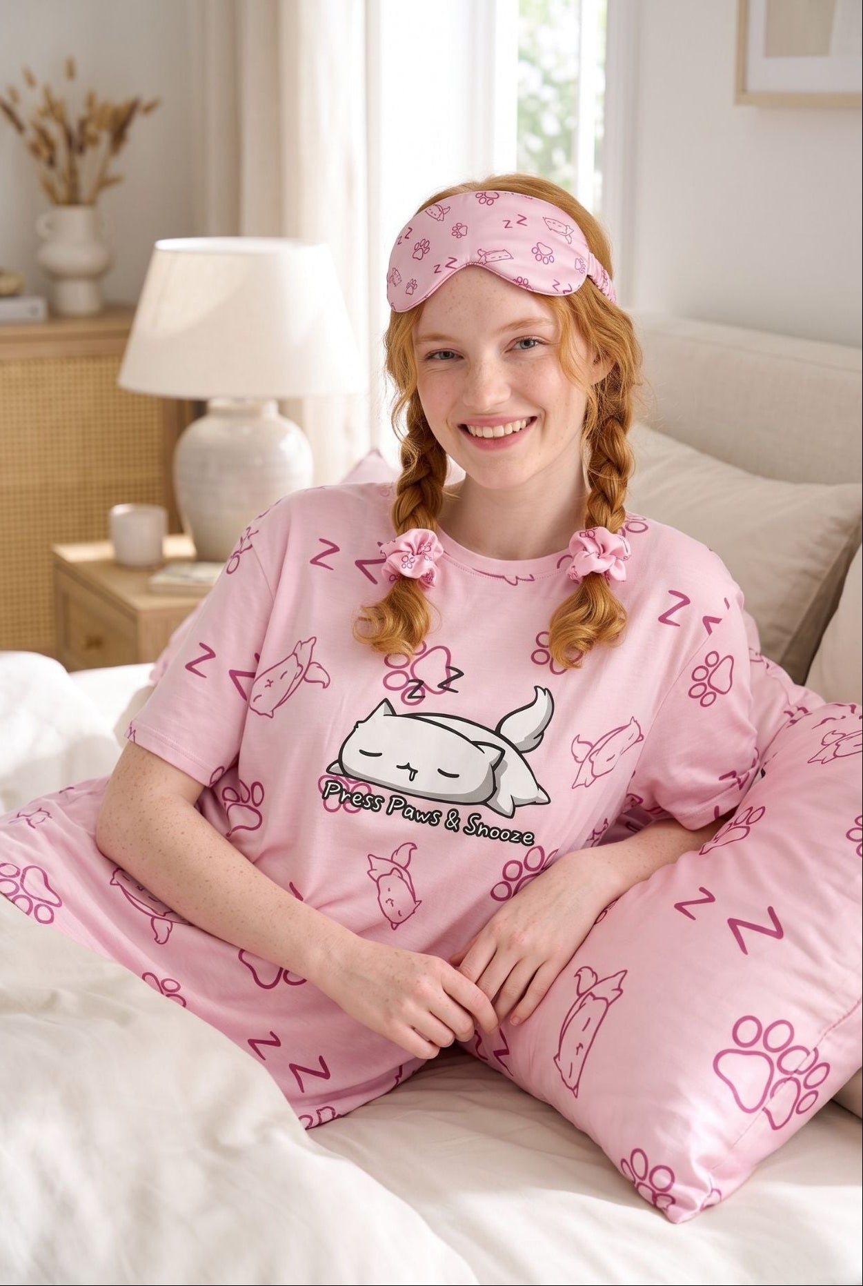 Woman in Paws & Snooze pink cat-print sleep tee resting on a bed with matching bamboo pillow