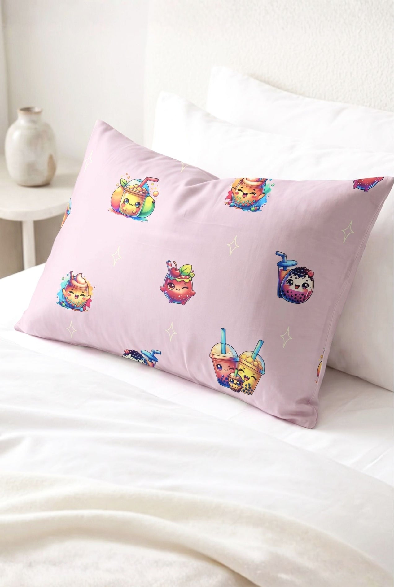 The Bubble Tee bamboo pillowcase in lilac bubble tea print styled on a bed with white bedding