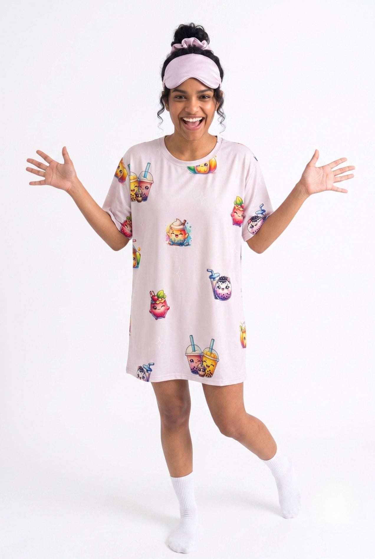 Woman in The Bubble Tee bubble tea print oversized sleep tee with matching lilac sleep mask and scrunchie