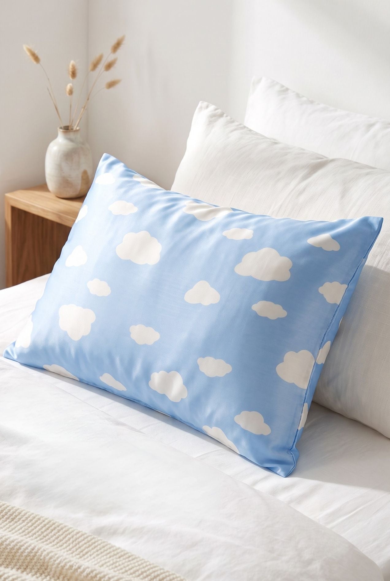 Un-bear-ably Sleepy bamboo pillowcase in blue cloud print styled on a bed with white bedding